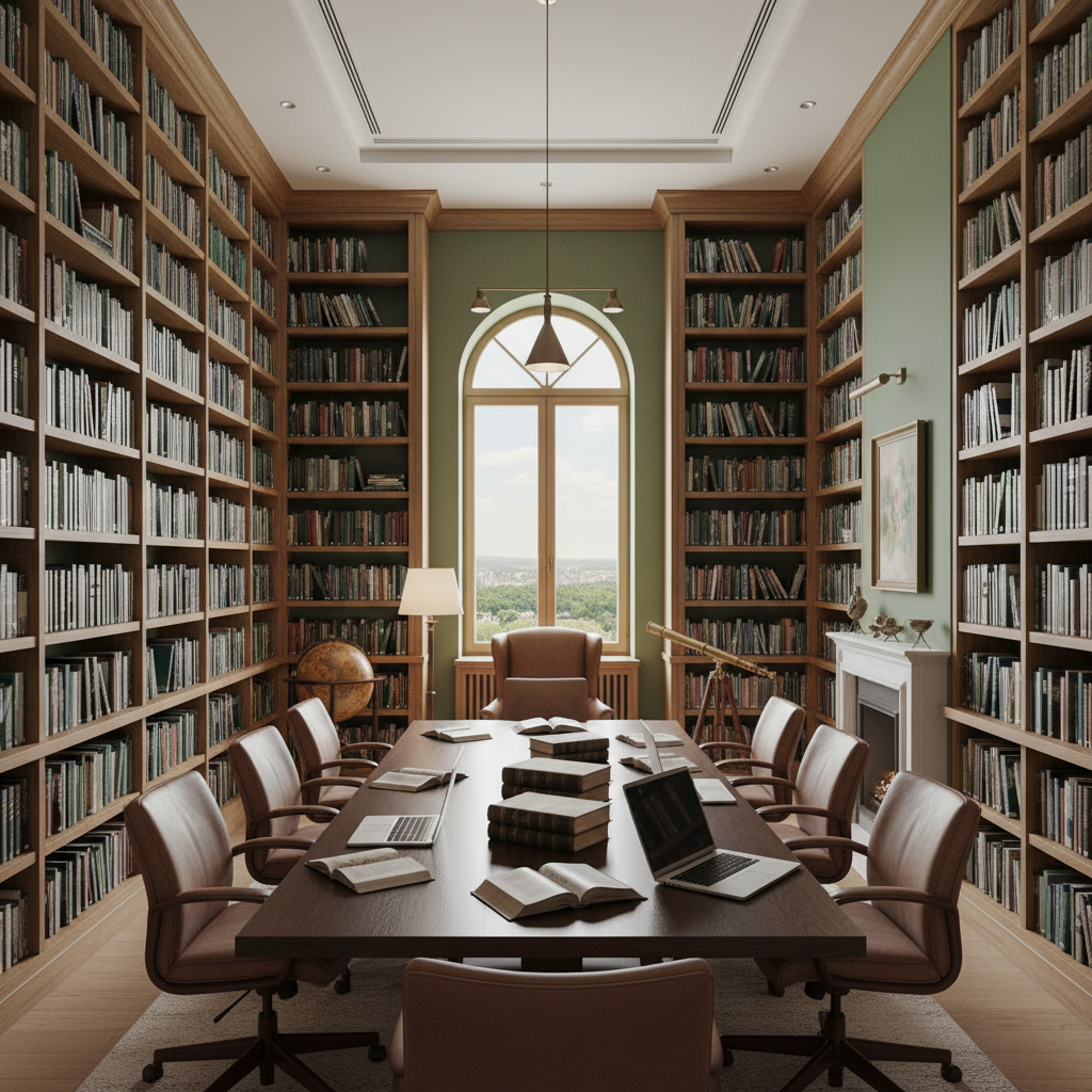 Интериор на библиотека или кабинет, внушаващ академичност и знание