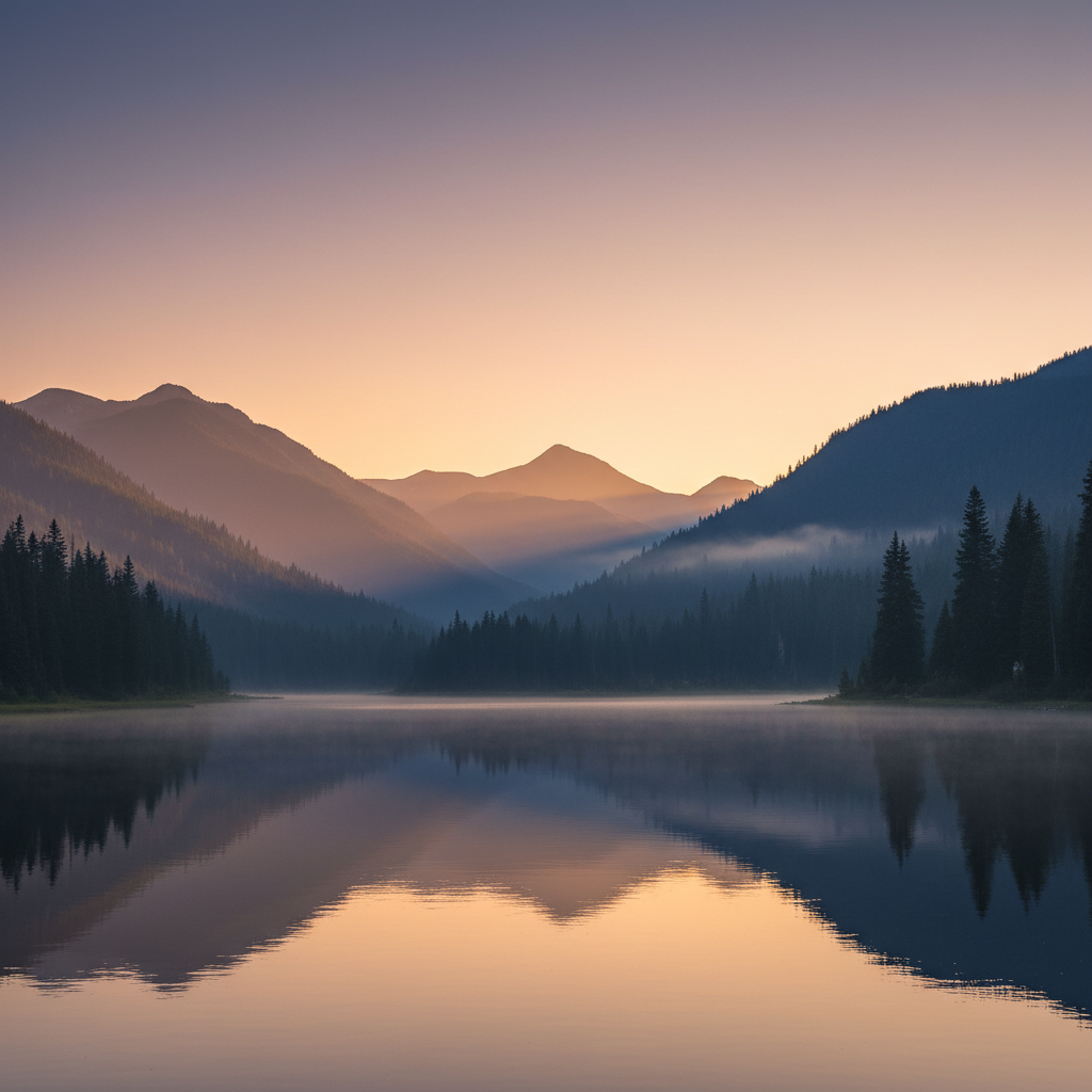 Спокоен планински пейзаж при залез, внушаващ тишина и сън
